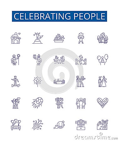 Celebrating people line icons signs set. Design collection of Honoring, Saluting, Appreciating, Praising, Recognizing Vector Illustration
