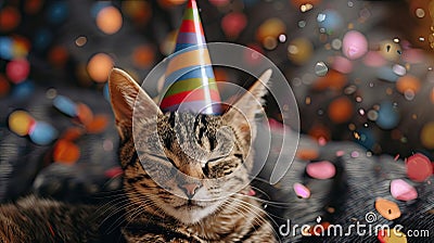 Feline Festivities: A Joyful Cat in a Birthday Hat amidst Confetti and Bokeh Stock Photo