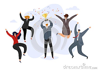 Celebrating team. Businessman holding prize winning trophy cup and happy jumping cheerful team. Business achievement Vector Illustration