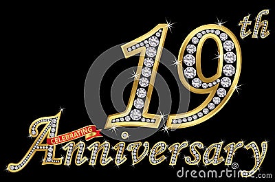 Celebrating 19th anniversary golden sign with diamonds, vector Vector Illustration