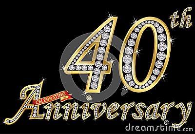 Celebrating 40th anniversary golden sign with diamonds, vector Vector Illustration