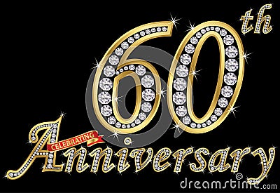 Celebrating 60th anniversary golden sign with diamonds, vector Vector Illustration