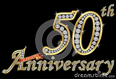 Celebrating 50th anniversary golden sign with diamonds, vector Vector Illustration