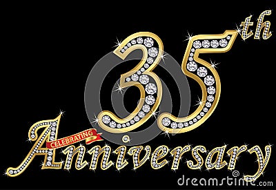 Celebrating 35th anniversary golden sign with diamonds, vector Vector Illustration