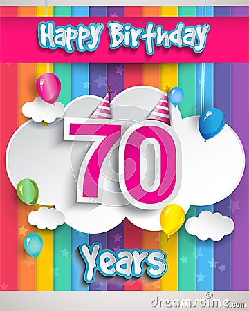Celebrating 70th Anniversary logo, with confetti and balloons, clouds, colorful ribbon, Colorful Vector design template elements Vector Illustration