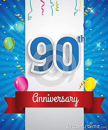 Celebrating 90th Anniversary logo, with confetti and balloons, red ribbon, Colorful Vector design template elements for your Vector Illustration