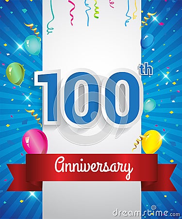 Celebrating 100th Anniversary logo, with confetti and balloons, red ribbon, Colorful Vector design template elements for your Vector Illustration