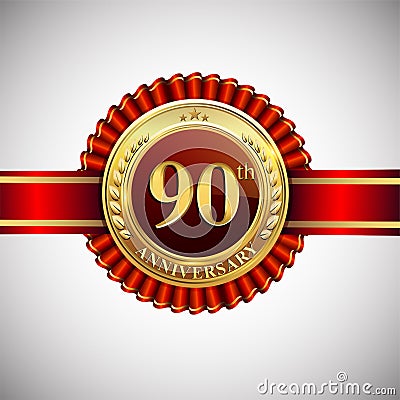 Celebrating 90th anniversary logo, with golden badge and red ribbon isolated on white background Vector Illustration