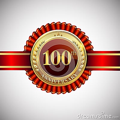 Celebrating 100th anniversary logo, with golden badge and red ribbon isolated on white background Vector Illustration