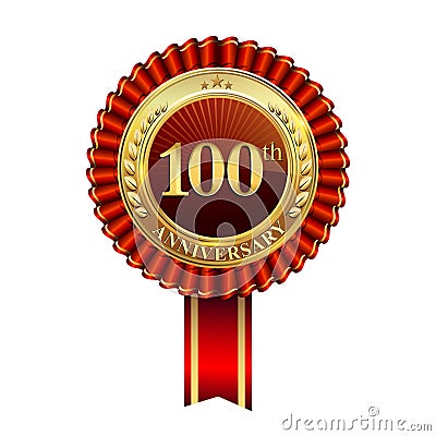 Celebrating 100th anniversary logo, with golden badge and red ribbon isolated on white background Vector Illustration