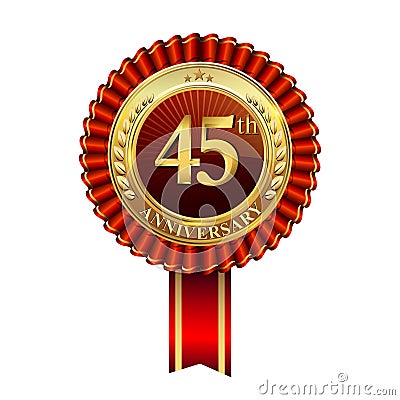 Celebrating 45th anniversary logo, with golden badge and red ribbon isolated on white background Vector Illustration