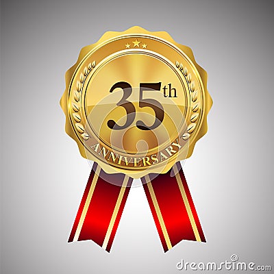 Celebrating 35th anniversary logo, with golden badge and red ribbon isolated on white background Vector Illustration