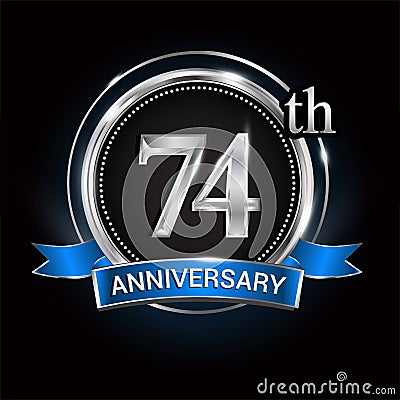 Celebrating 74th anniversary logo. with silver ring and blue ribbon Vector Illustration