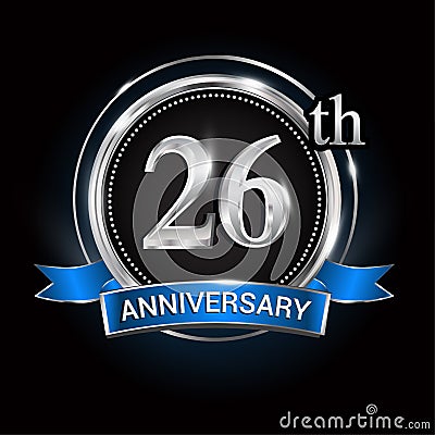 Celebrating 26th anniversary logo. with silver ring and blue ribbon Vector Illustration