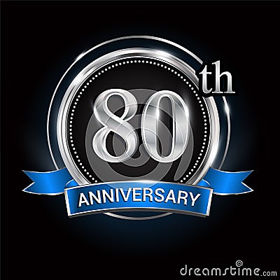 Celebrating 80th anniversary logo. with silver ring and blue ribbon Vector Illustration