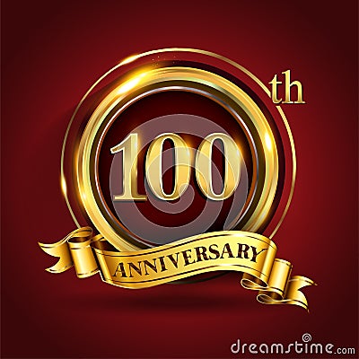 Celebrating 100th golden anniversary, Design Logo of Anniversary celebration with gold ring and golden ribbon Vector Illustration
