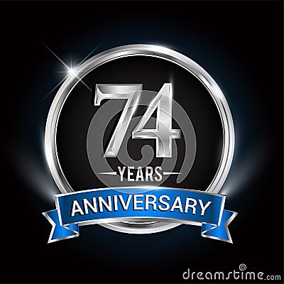 Celebrating 74th years anniversary logo with silver ring and blue ribbon Vector Illustration