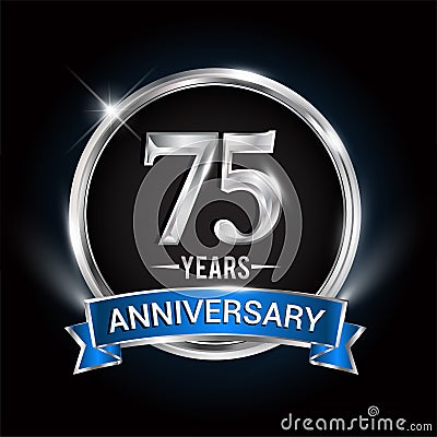 Celebrating 75th years anniversary logo with silver ring and blue ribbon Vector Illustration