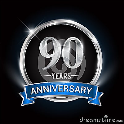 Celebrating 90th years anniversary logo with silver ring and blue ribbon Vector Illustration