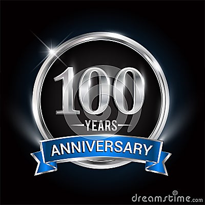 Celebrating 100th years anniversary logo with silver ring and blue ribbon Vector Illustration