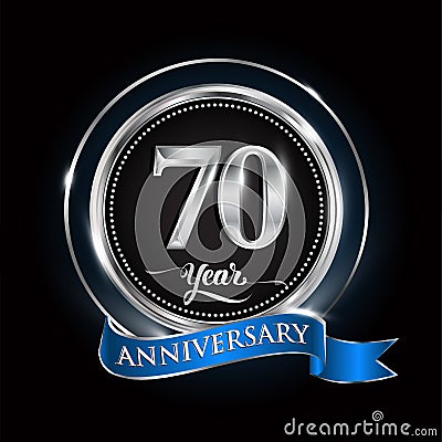 Celebrating 70th years anniversary logo. with silver ring and blue ribbon Vector Illustration