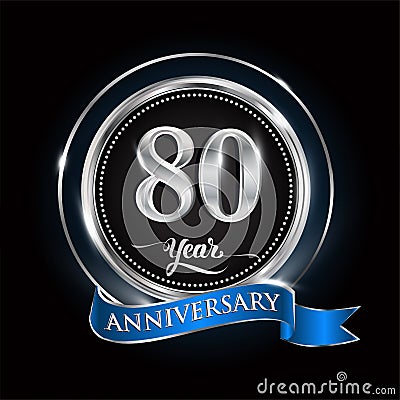 Celebrating 80th years anniversary logo. with silver ring and blue ribbon Vector Illustration
