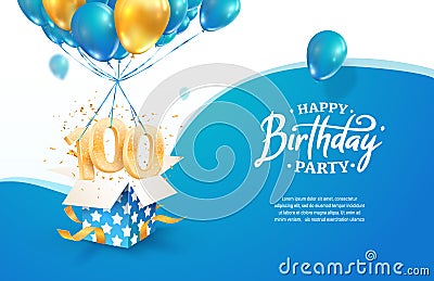 Celebrating 100th years birthday vector illustration. One hundred anniversary celebration. Adult birth day. Open gift Vector Illustration