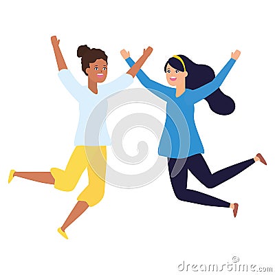 celebrating women happy jumping characters Cartoon Illustration