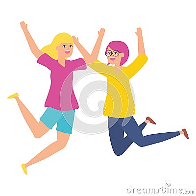 celebrating women happy jumping characters Cartoon Illustration