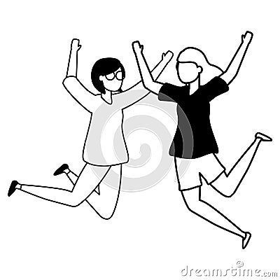celebrating women happy jumping characters Cartoon Illustration