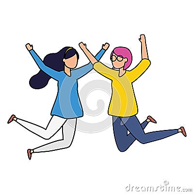 celebrating women happy jumping characters Cartoon Illustration