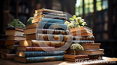 Celebrating World Book Day with a Towering Stack of Books in the Library Stock Photo