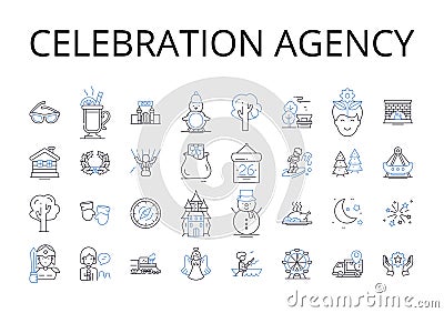 Celebration agency line icons collection. Happiness bureau, Joy division, Festivity firm, Rejoicing office, Merriment Vector Illustration