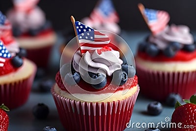 Celebration of American Independence day, cupcakes with patriotic american flags. Generative AI Cartoon Illustration