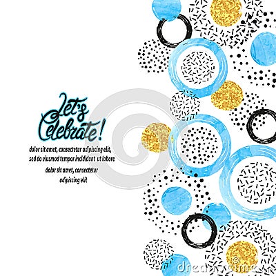 Celebration background with blue, golden and black circles. Vector Illustration