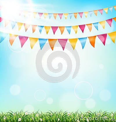 Celebration background with buntings grass and sunlight on sky Vector Illustration