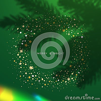 Celebration Background with Circle Frame of Dots and Stars, Rainbow Bokeh and Christmas Tree Shadow. Vector Illustration