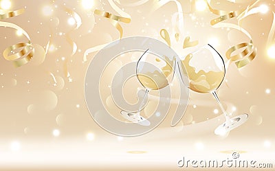 Celebration background, Holiday party, Champagne concept, gold glitter with ribbons and stars vector illustration Vector Illustration