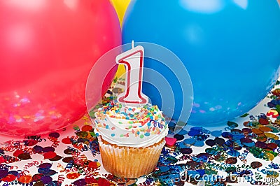 Celebration with Balloons, Confetti, and Cupcake Stock Photo