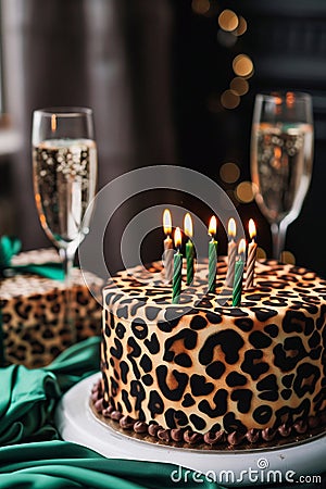 celebration birthday cake with leopard spots, with birthday candles Stock Photo