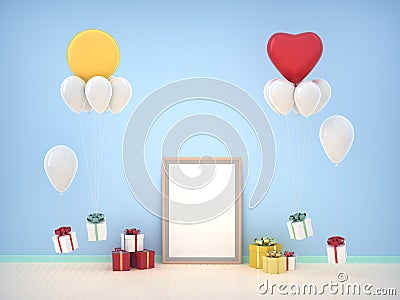 Celebration Birthday poster mock up room with empty wood frame, gift box, and balloon on foor and blue background Cartoon Illustration