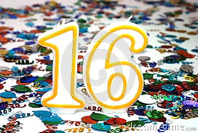 Celebration Candle - Number 16 Stock Photo