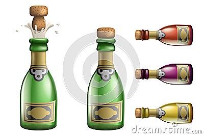 Celebration champagne Popping Cork Bottle Pledge Success Prosperity Symbol Drink Icons Set 3d Realistic Template Vector Vector Illustration