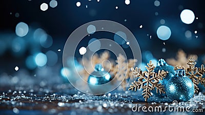 Celebration with Christmas Balls Snow Flacks Blue Sparkie Lights Defocused Background Image Stock Photo