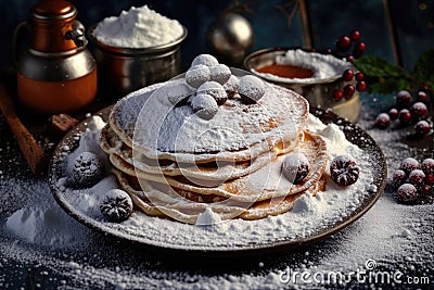 celebration of christmas delicious pancakes with powdered sugar and confectionery Stock Photo