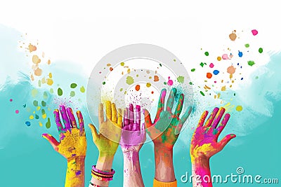 A celebration of color and creativity with uplifted painted hands. Stock Photo