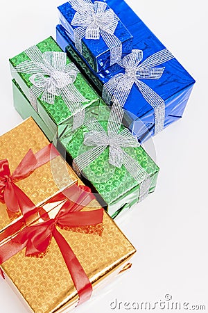 Celebration Concepts. Many Colorful Wrapped Up Gift Boxes Standing In Line Together Stock Photo