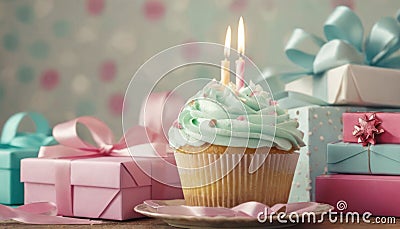 Celebration Cupcakes: Colorful cupcakes with lit candles displayed against a backdrop of wrapped gifts. Captured indoors Stock Photo