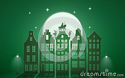 Celebration Dutch holidays - Saint Nicholas or Sinterklaas is coming to town at night - paper art graphic Vector Illustration