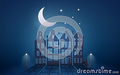 Celebration Dutch holidays - Saint Nicholas or Sinterklaas in front of city at night - blue paper graphic Vector Illustration